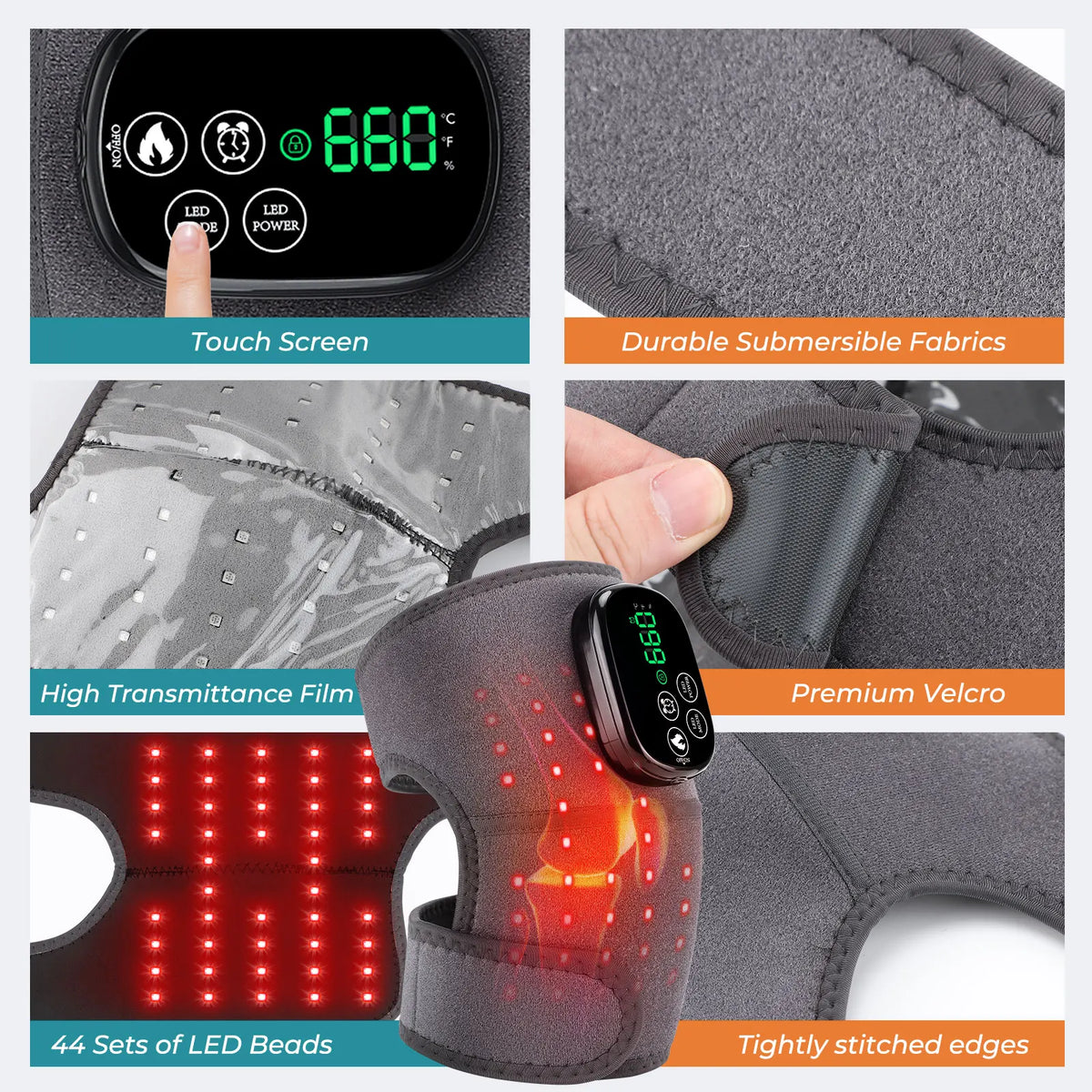Red Light Knee Wrap with Heating, 660nm & 850nm LED, 5000mAh Battery, 3-in-1 for Knee Shoulder Elbow, Type-C