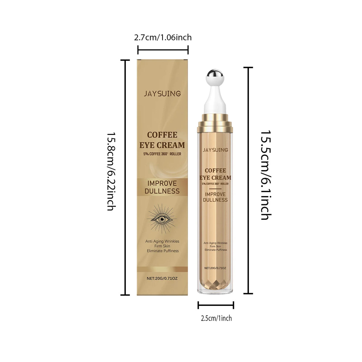 US Local JAYSUING Coffee Eye Cream 20g 360 Roller Rollerball Improve Dullness Anti Aging Anti Wrinkle Firm Skin Reduce Puffiness Daily Eye Care For Women