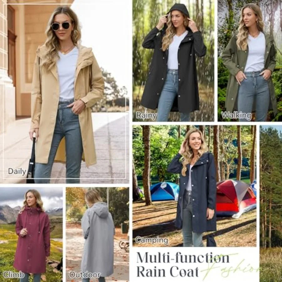 Women Packable Waterproof Rain Jacket With Attached Hood
