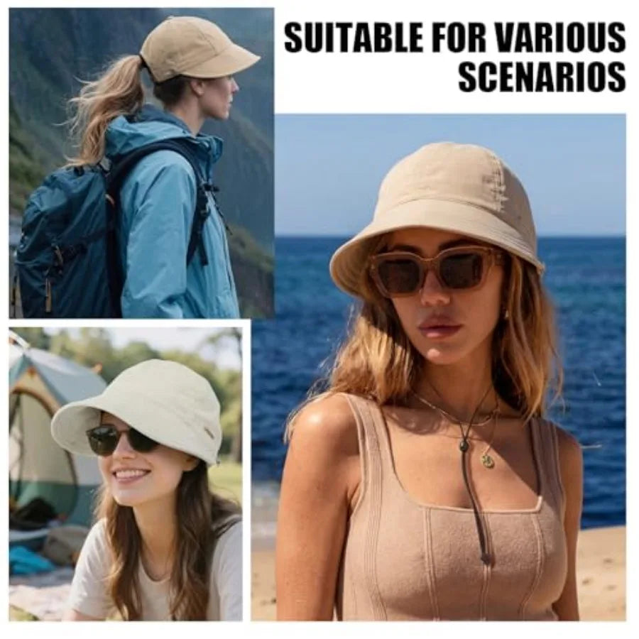 Cuffbow 2 Pack Women Sun Hat UV Protection Hiking Fishing Hats Wide Brim Hat Adjustable Ponytail Packable Cap for Outdoor