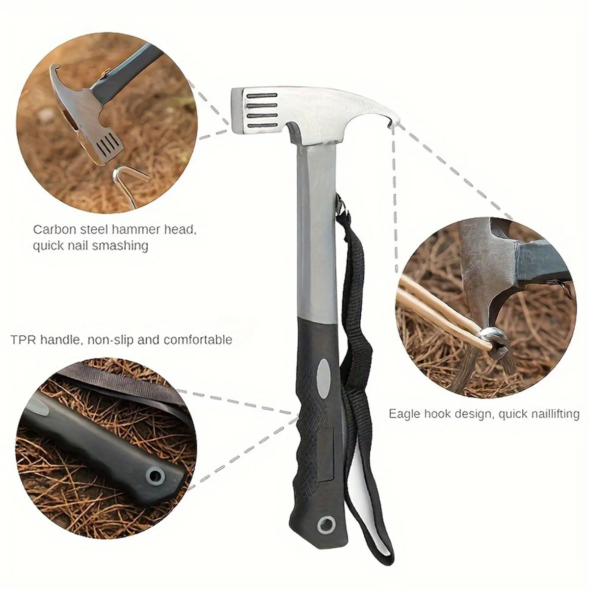 Camping Hammer with Tent Stake Remover - 10.8" Heavy Duty Multifunctional Steel Mallet Tool, Ergonomic Rubber Grip Handle