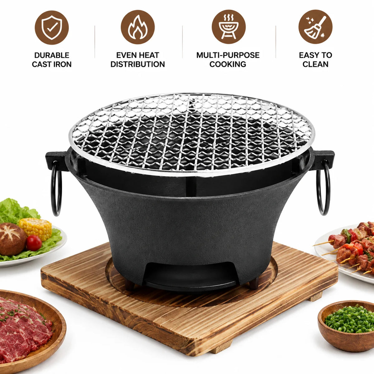 Portable Cast Iron Charcoal Grill For Outdoor Barbecue