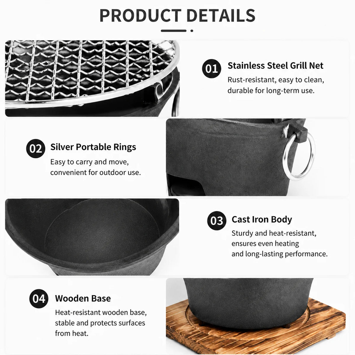 Portable Cast Iron Charcoal Grill For Outdoor Barbecue