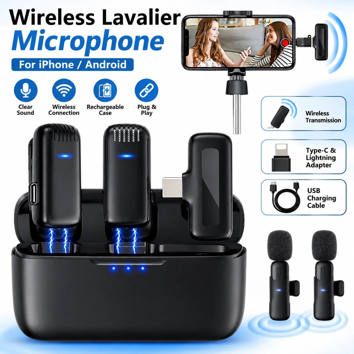 Wireless Lavalier Microphone With Charging Case For iPhone Android Live Streaming