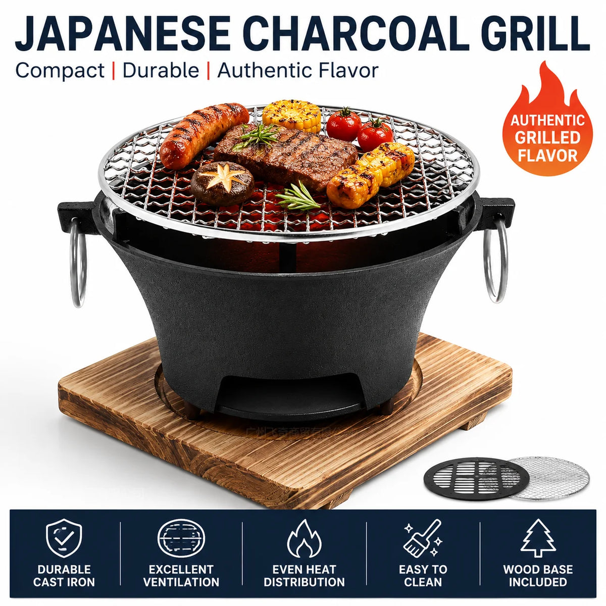 Portable Cast Iron Charcoal Grill For Outdoor Barbecue