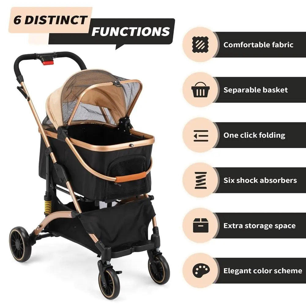 Folding Dog Stroller With Shock Absorbers Removable Storage Basket