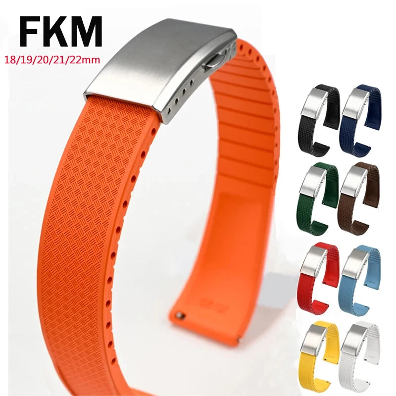 FKM Fluoro Rubber Watch Band With Quick Release Folding Buckle