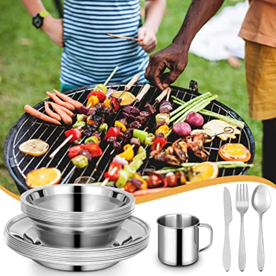 Camping plates cups bowls set for outdoor use, stainless steel, silver, durable and lightweight with spoons forks knives and st