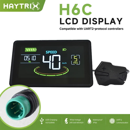 H6C-5PIN Electric Bike LCD Display Meter 24V 36V 48V 60V Control Panel with Waterproof Plug