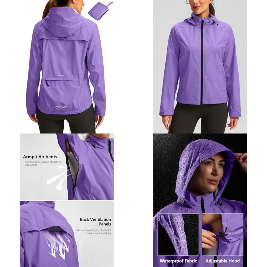 Women's Waterproof Cycling Rain Jacket Windproof Packable Hood