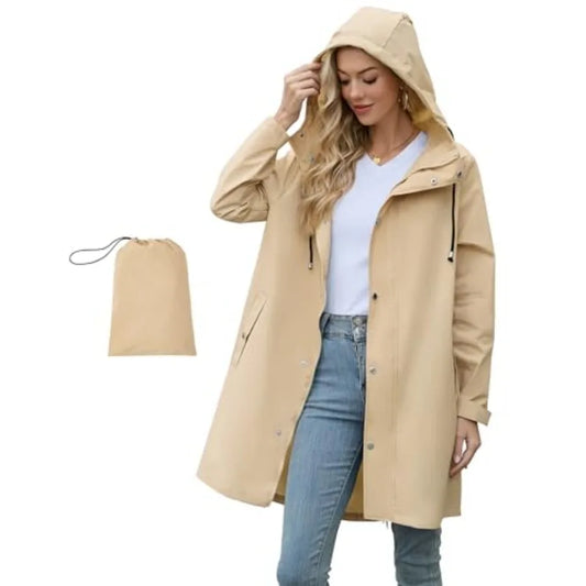 Women Packable Waterproof Rain Jacket With Attached Hood