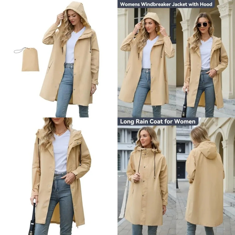 Women Packable Waterproof Rain Jacket With Attached Hood