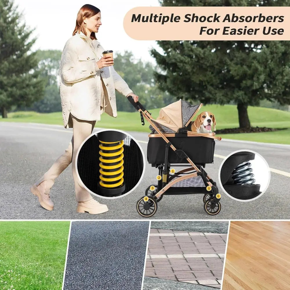 Folding Dog Stroller With Shock Absorbers Removable Storage Basket