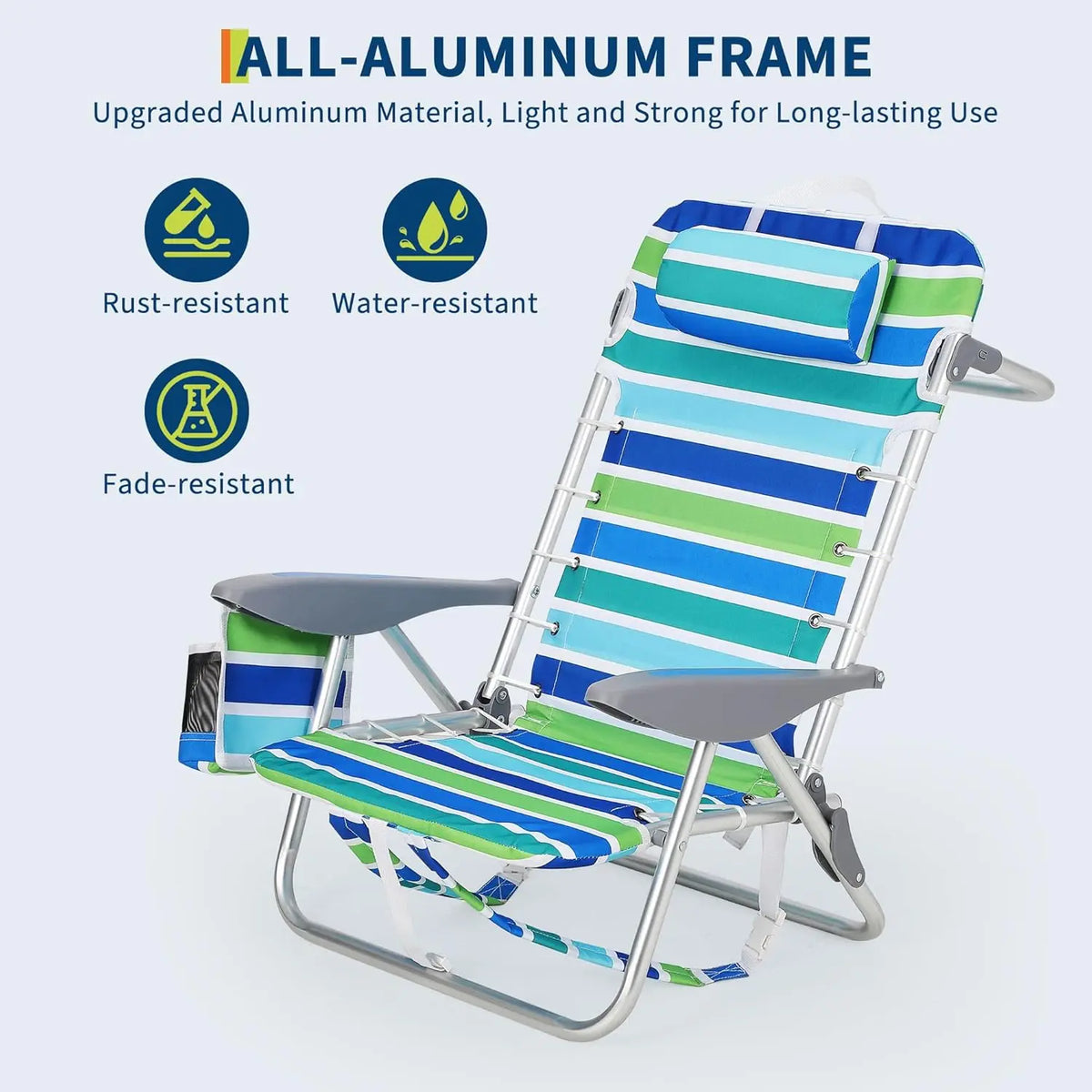 Backpack Beach Chair for Adults,Portable Lay Flat Folding Beach Chair with Adjustable Height,Phone Pocket,Cup Holder & Towel Bar