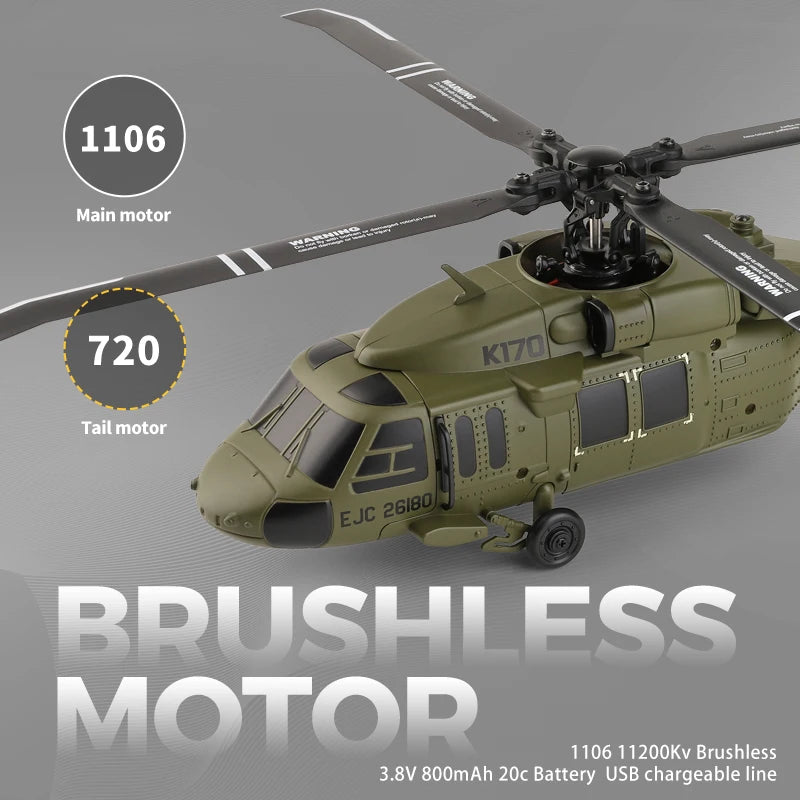 UH-60L Brushless RC Helicopter 4 Channels Remote Control Helicopters with Gyroscope and LED Light Durable Airplane Toy Wltoys K170