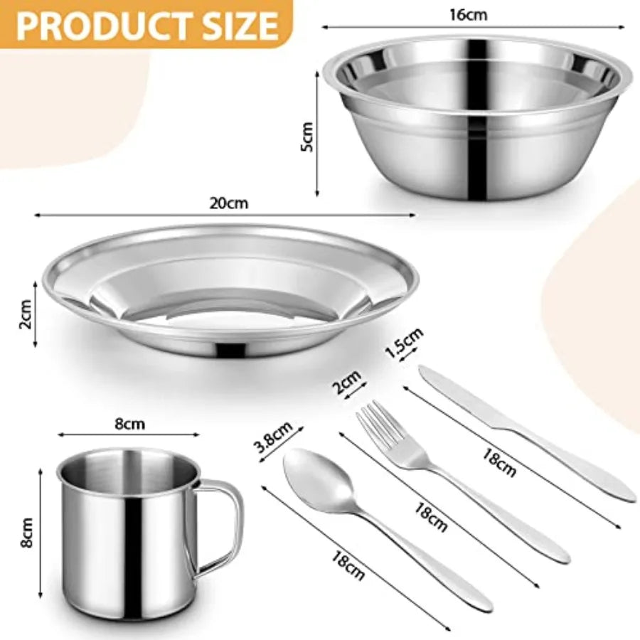 Camping plates cups bowls set for outdoor use, stainless steel, silver, durable and lightweight with spoons forks knives and st