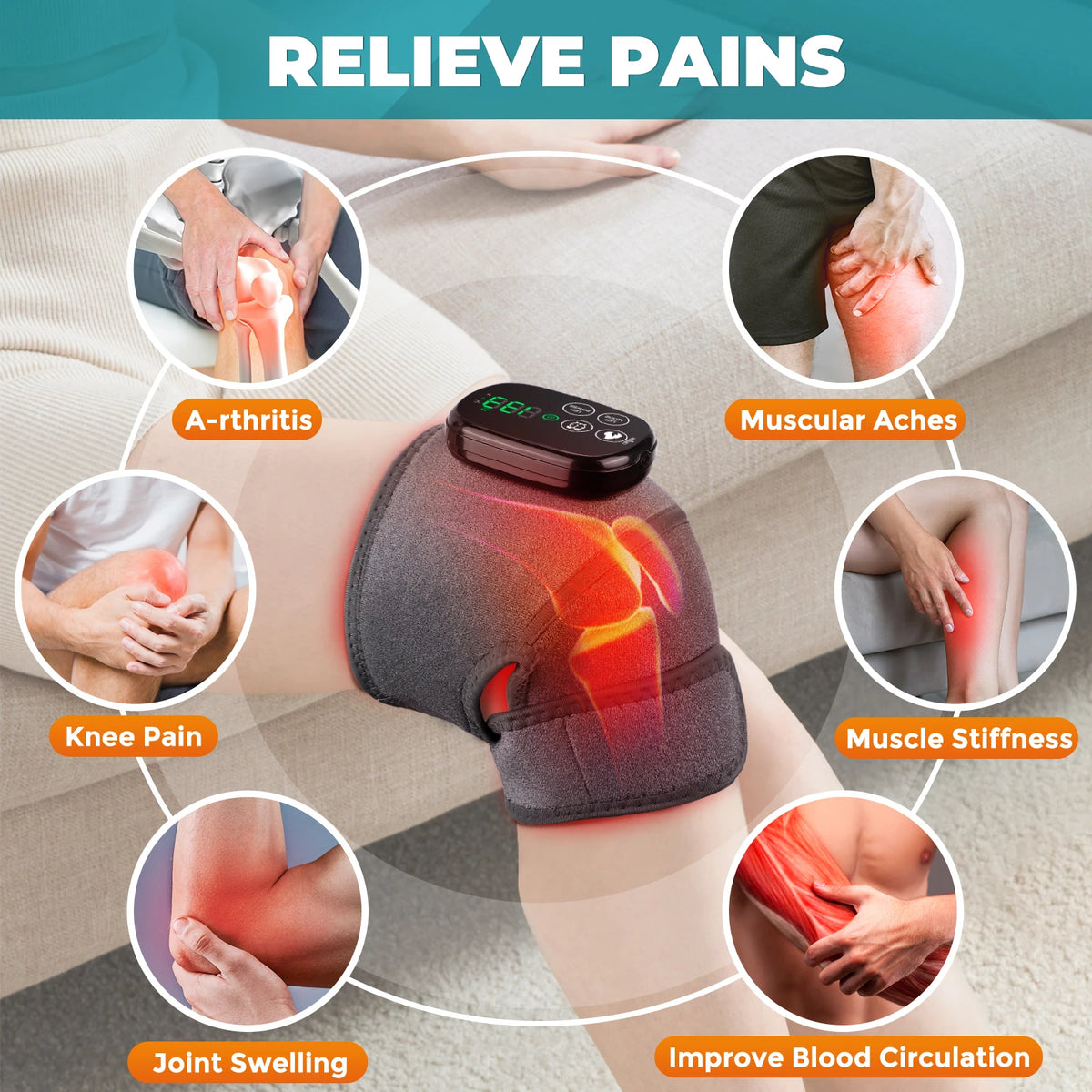 Red Light Knee Wrap with Heating, 660nm & 850nm LED, 5000mAh Battery, 3-in-1 for Knee Shoulder Elbow, Type-C