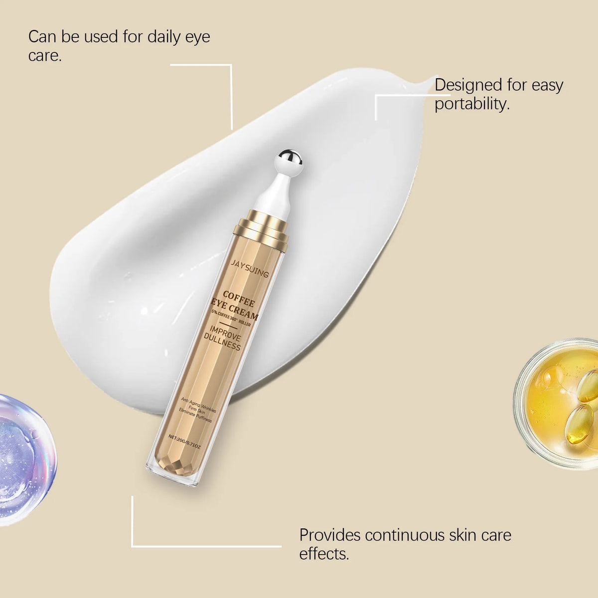 US Local JAYSUING Coffee Eye Cream 20g 360 Roller Rollerball Improve Dullness Anti Aging Anti Wrinkle Firm Skin Reduce Puffiness Daily Eye Care For Women