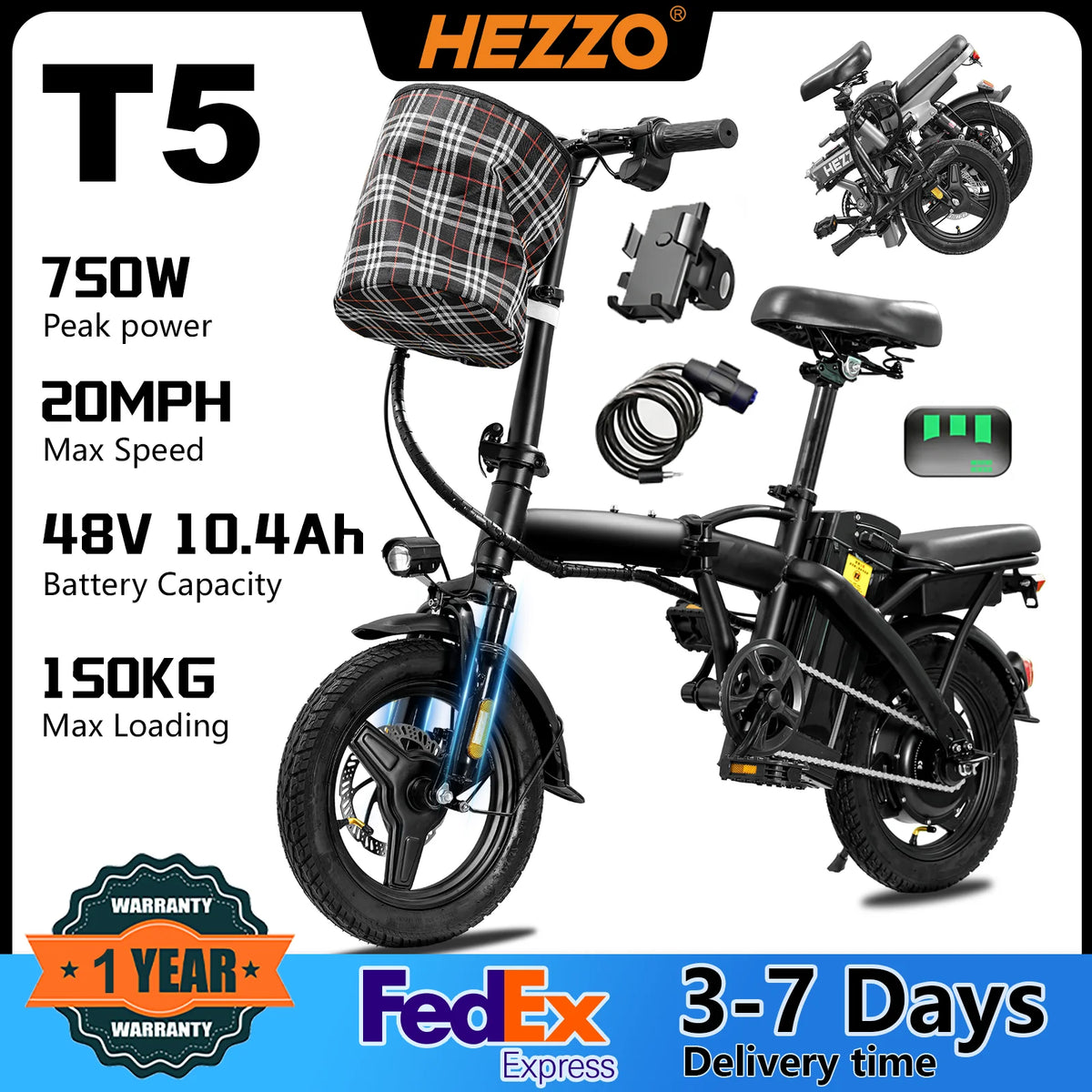 Hezzo T5 Lightweight Folding Electric Bike For Adults Commuter