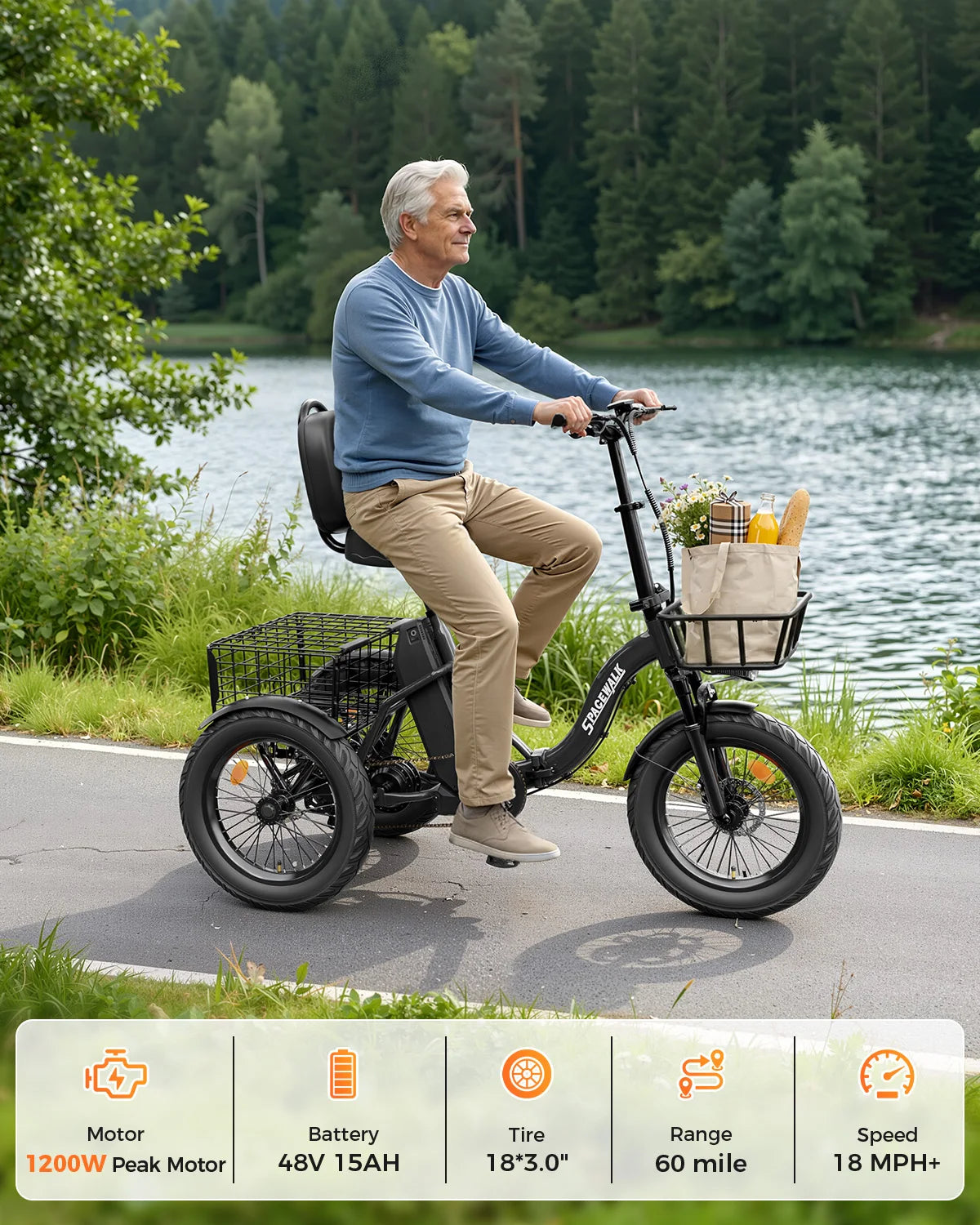 Adult Folding Electric Tricycle With 1200W Motor And Fat Tires