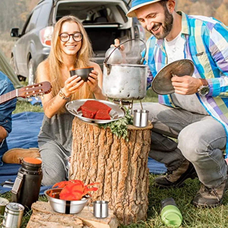 Camping plates cups bowls set for outdoor use, stainless steel, silver, durable and lightweight with spoons forks knives and st
