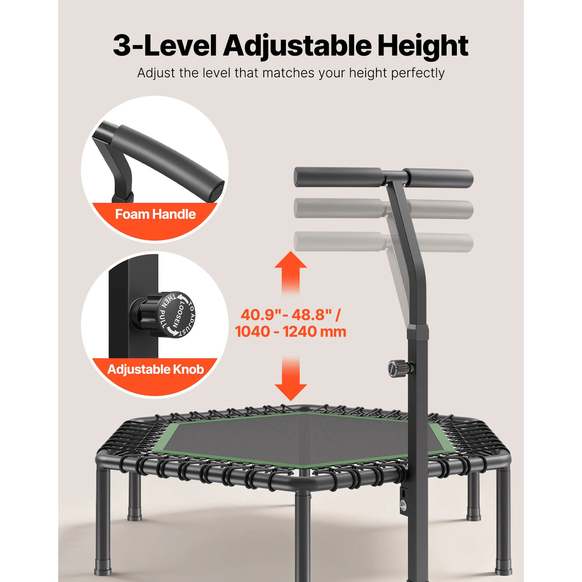 SucceBuy 54.5 Inch Mini Trampoline 450 lbs Stable & Quiet with 3 Levels Height Foam Handle for Adults Indoor/Garden Workout