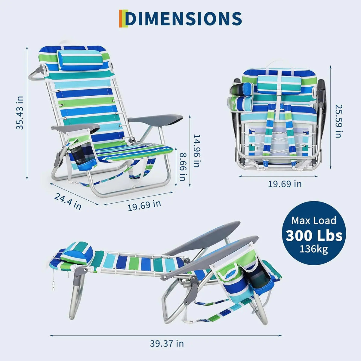 Backpack Beach Chair for Adults,Portable Lay Flat Folding Beach Chair with Adjustable Height,Phone Pocket,Cup Holder & Towel Bar