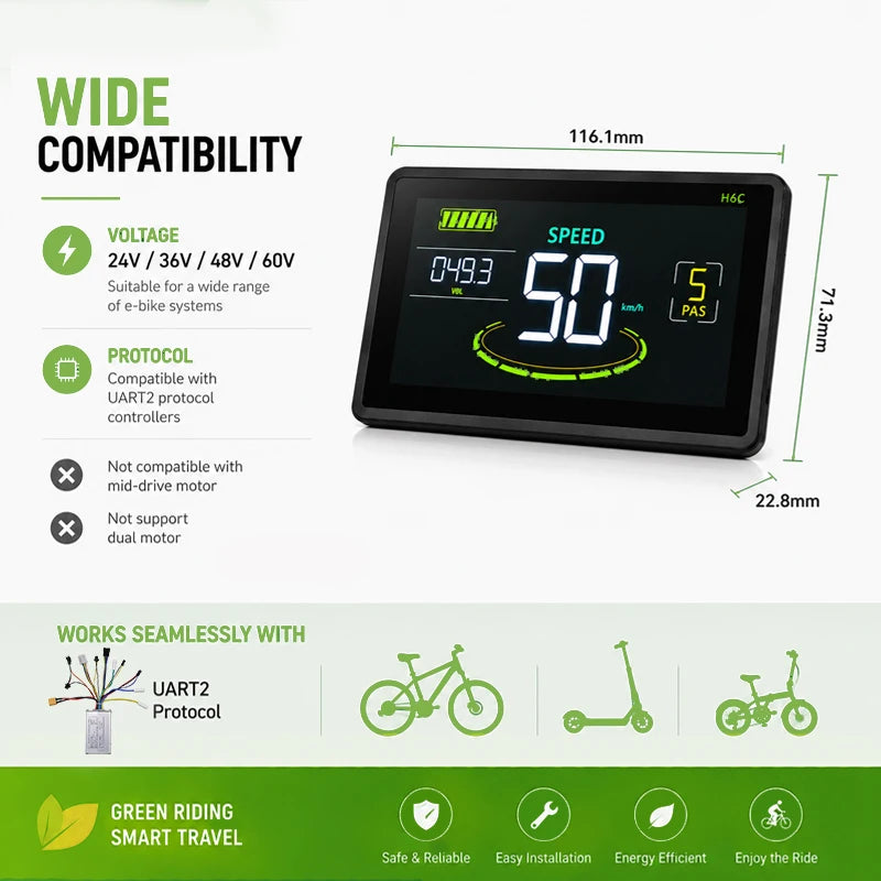 H6C-5PIN Electric Bike LCD Display Meter 24V 36V 48V 60V Control Panel with Waterproof Plug
