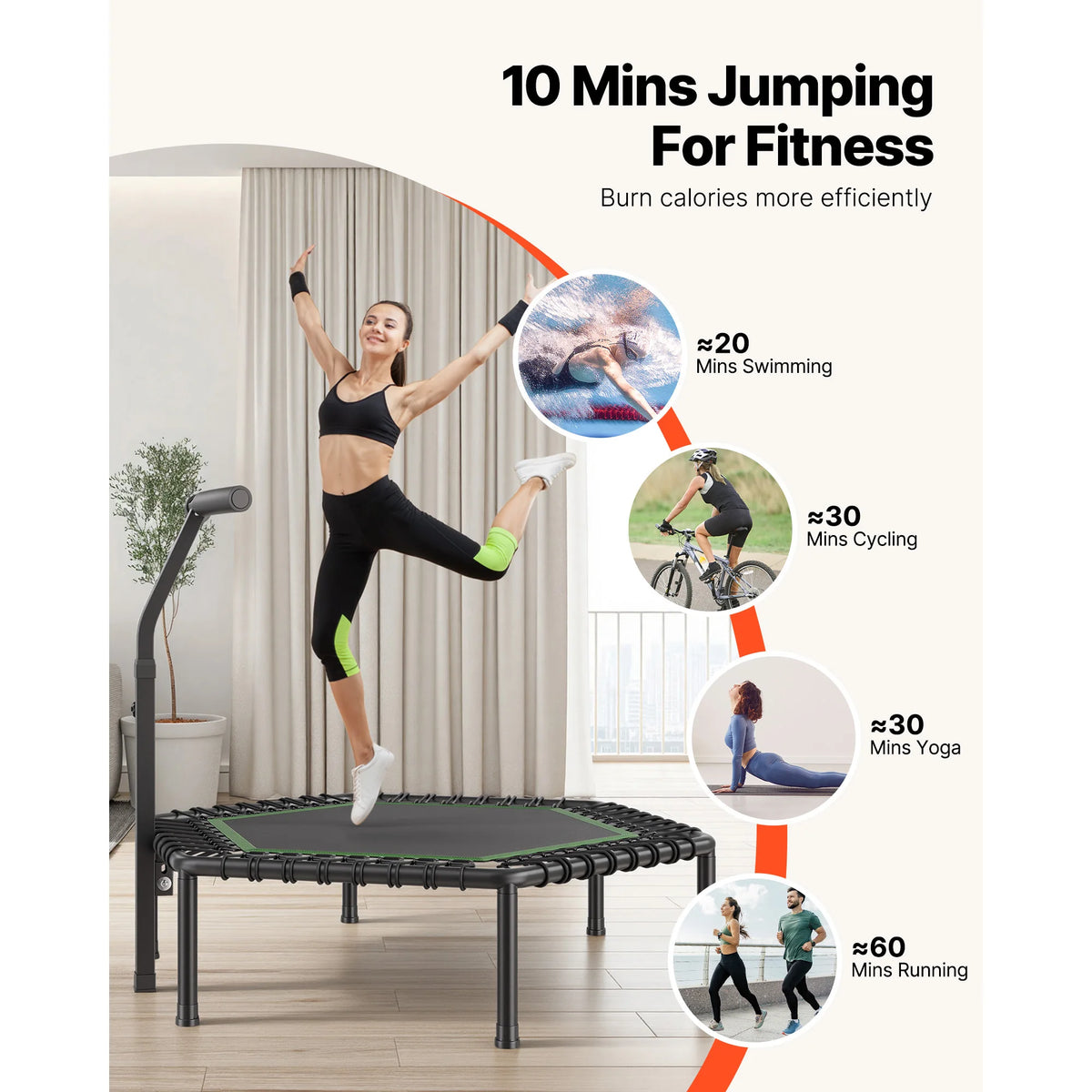 SucceBuy 54.5 Inch Mini Trampoline 450 lbs Stable & Quiet with 3 Levels Height Foam Handle for Adults Indoor/Garden Workout