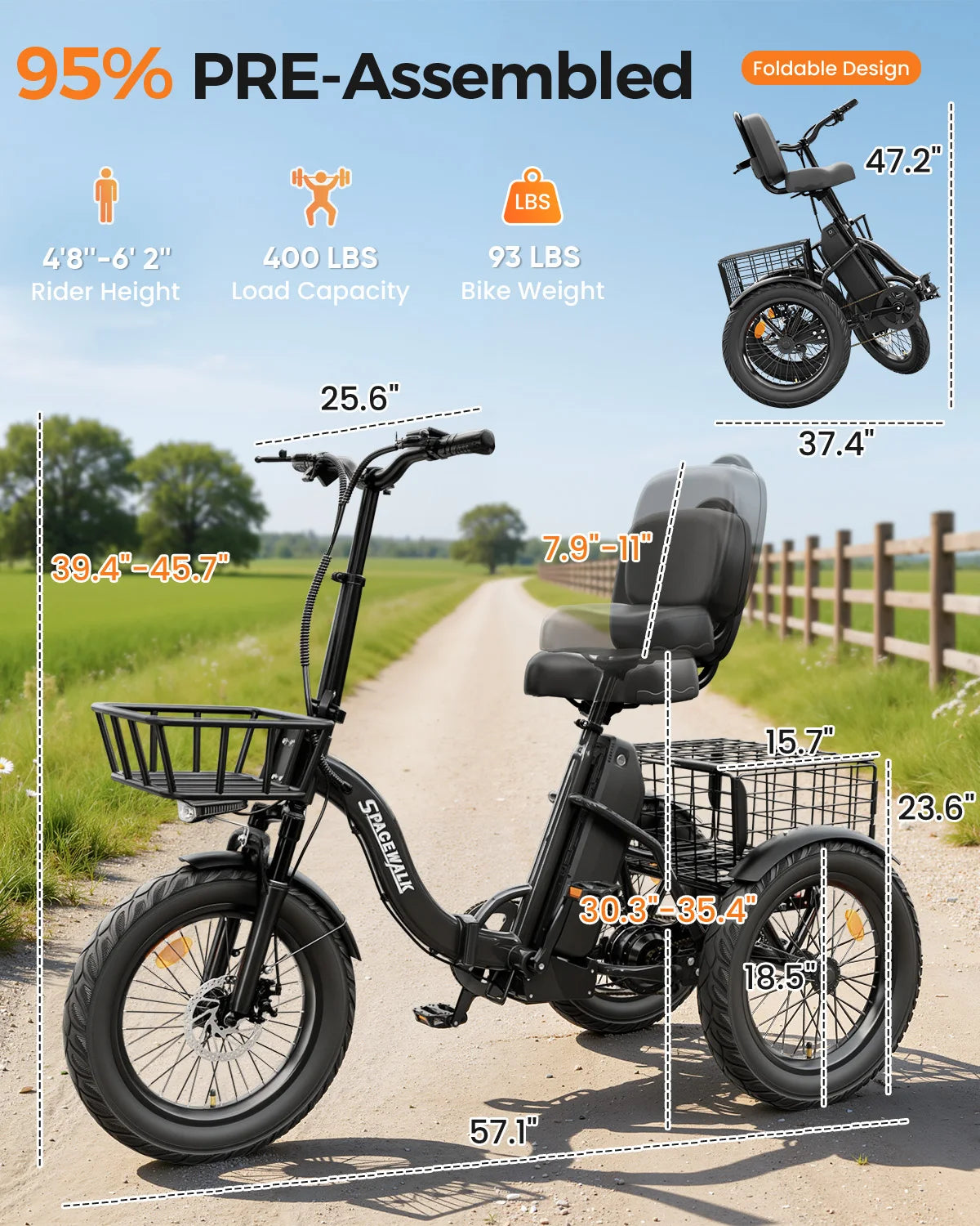 Adult Folding Electric Tricycle With 1200W Motor And Fat Tires