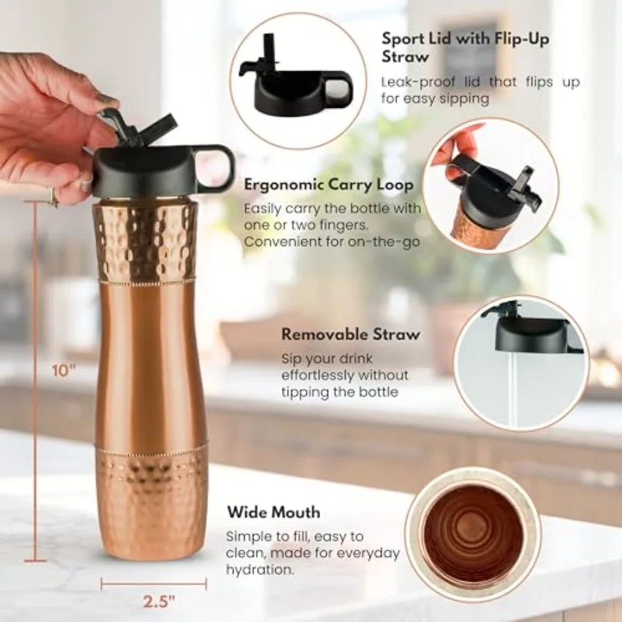 Copper Water Bottle With Straw And Sports Lid For Drinking Water