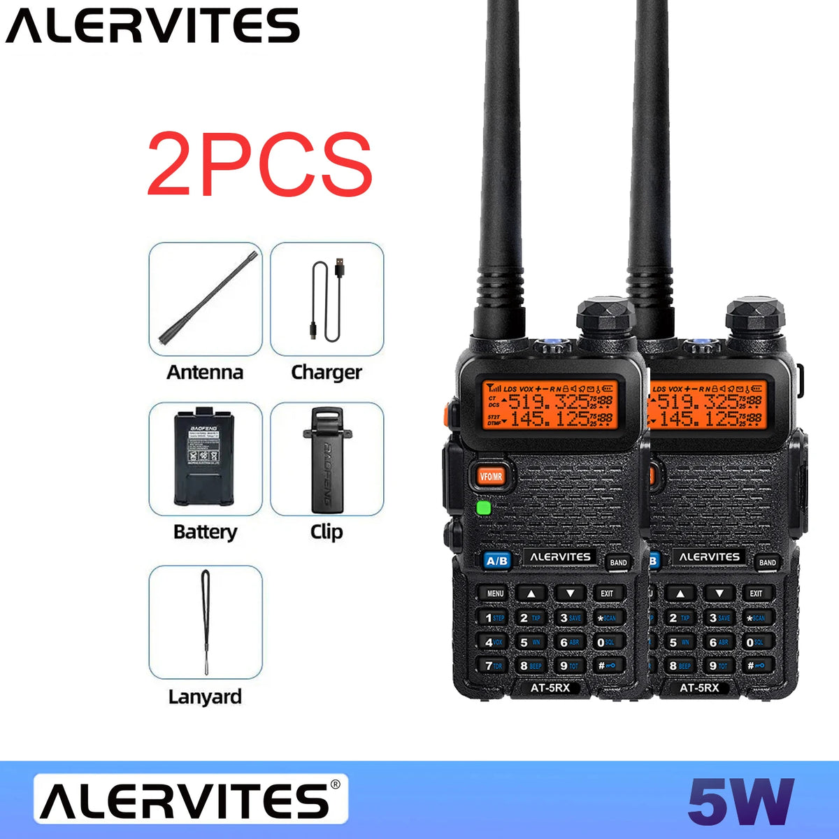 ALERVITES AT-5RX Dual Band High Power Portable Two Way Radios