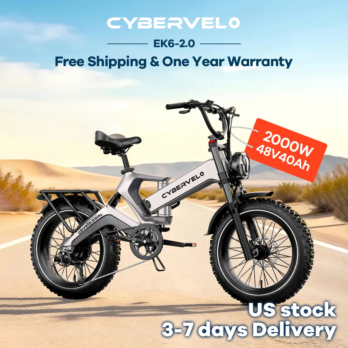 Cybervelo 2000W 3000W Peak EK6 Max EK6 2.0 Adults Folding Ebike 48V 40Ah Removable Waterproof Battery 30+MPH 150 Miles All Terrain Off Road Commute Electric Bicycle
