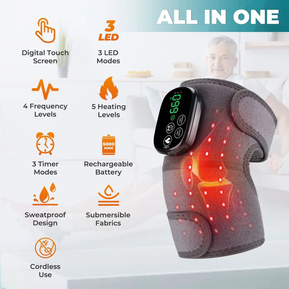 Red Light Knee Wrap with Heating, 660nm & 850nm LED, 5000mAh Battery, 3-in-1 for Knee Shoulder Elbow, Type-C