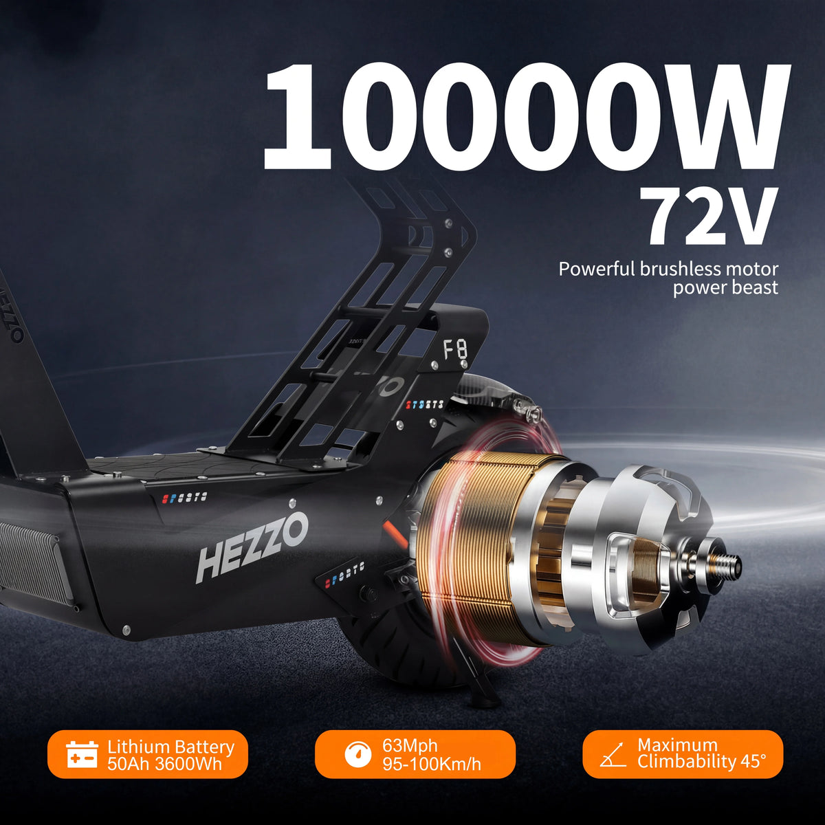 HEZZO F8 16" Escooter 10000W 72V Electric Scooter Off-Road 50Ah 90Miles Foldable Full Suspension 63Mph Powerful Kik Scooter With Seat Hydraulic Brake Black Bage Edition