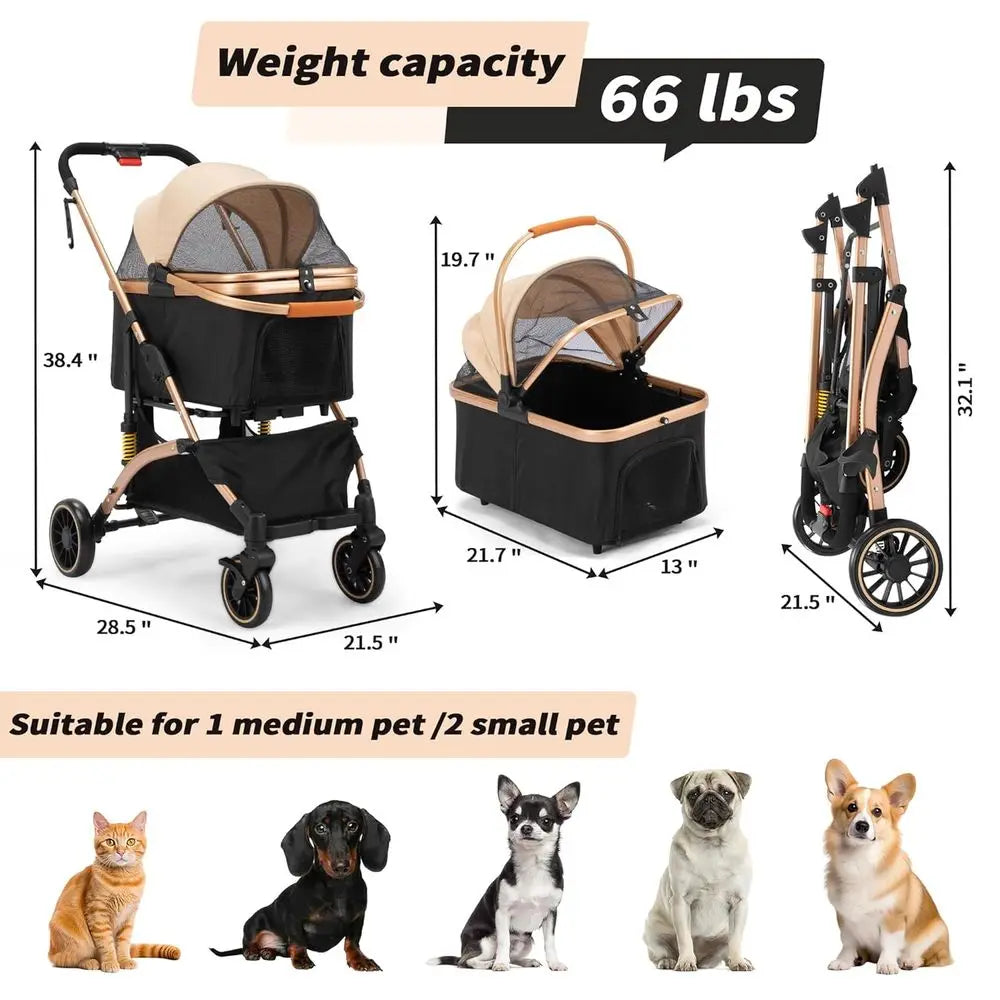 Folding Dog Stroller With Shock Absorbers Removable Storage Basket