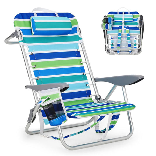 Backpack Beach Chair for Adults,Portable Lay Flat Folding Beach Chair with Adjustable Height,Phone Pocket,Cup Holder & Towel Bar