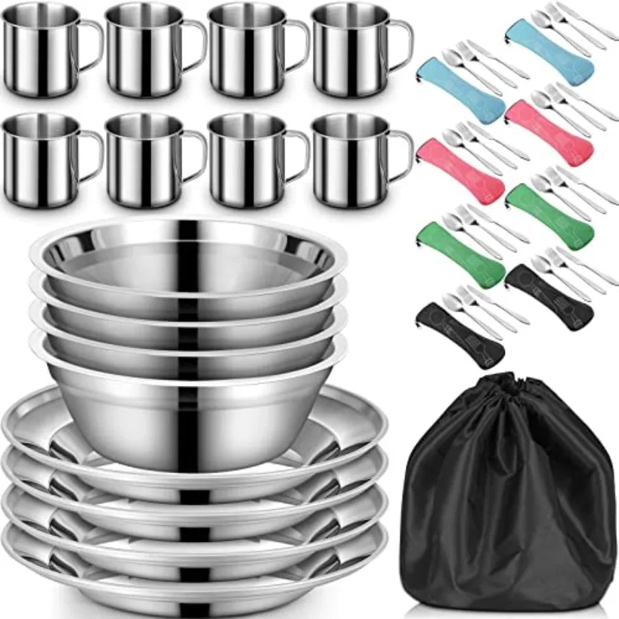 Camping plates cups bowls set for outdoor use, stainless steel, silver, durable and lightweight with spoons forks knives and st