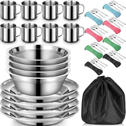 Camping plates cups bowls set for outdoor use, stainless steel, silver, durable and lightweight with spoons forks knives and st