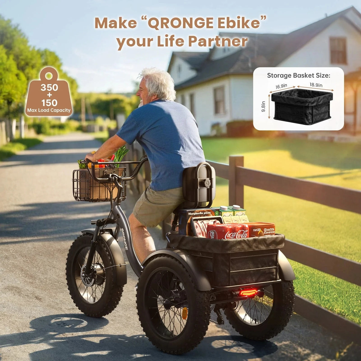 QRONGE Lava Electric Tricycle for Adults 1200W Peak 36V 20AH Battery Ebike 75 Miles Range Max 20MPH 20"*4" Fat Tire Folding E-Trike with Large Basket