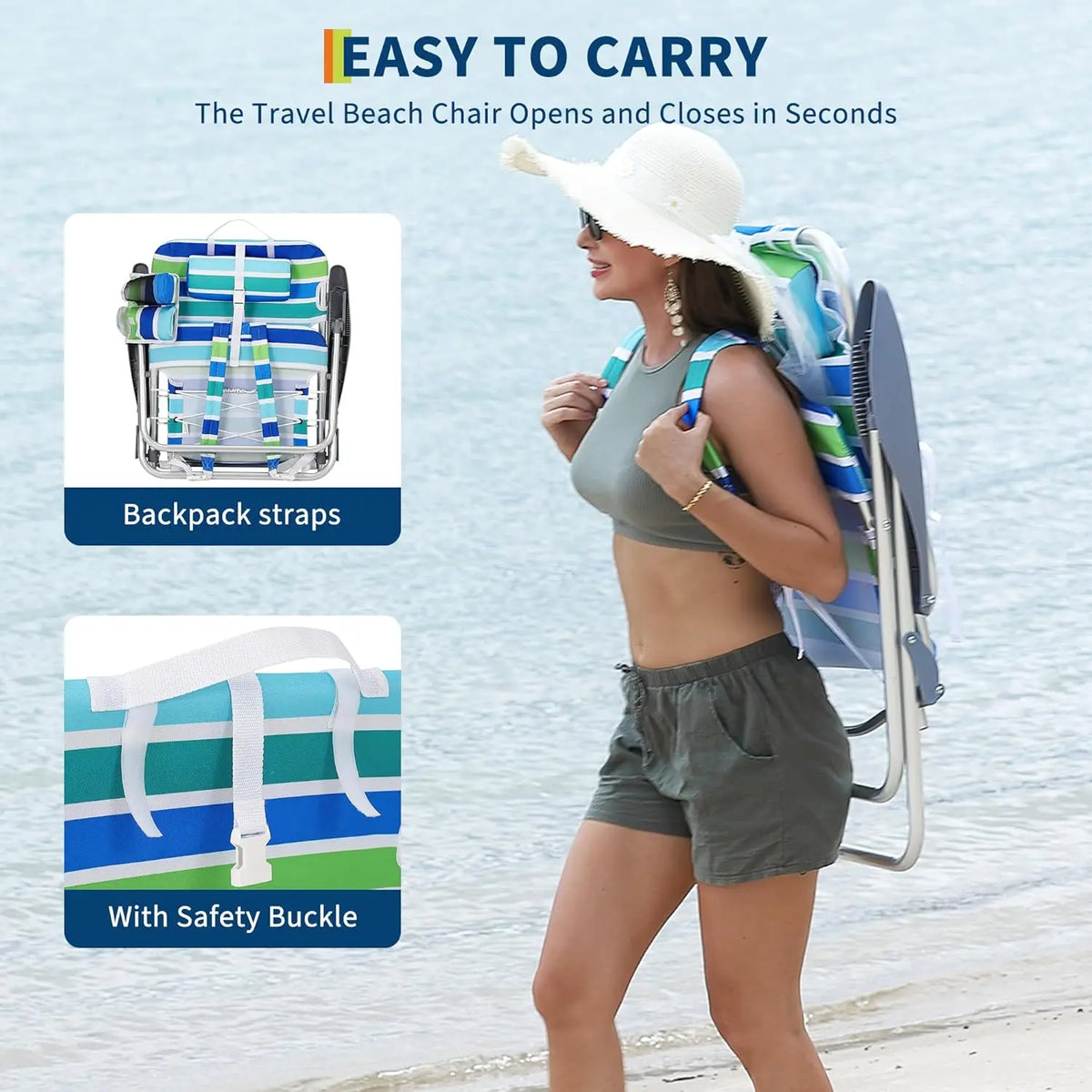 Backpack Beach Chair for Adults,Portable Lay Flat Folding Beach Chair with Adjustable Height,Phone Pocket,Cup Holder & Towel Bar