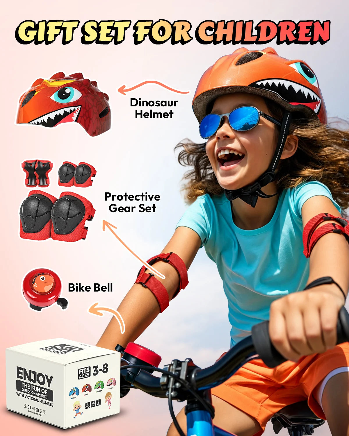 Victgoal Kids Bike Helmet Protective Gear Set With Pads And Bell