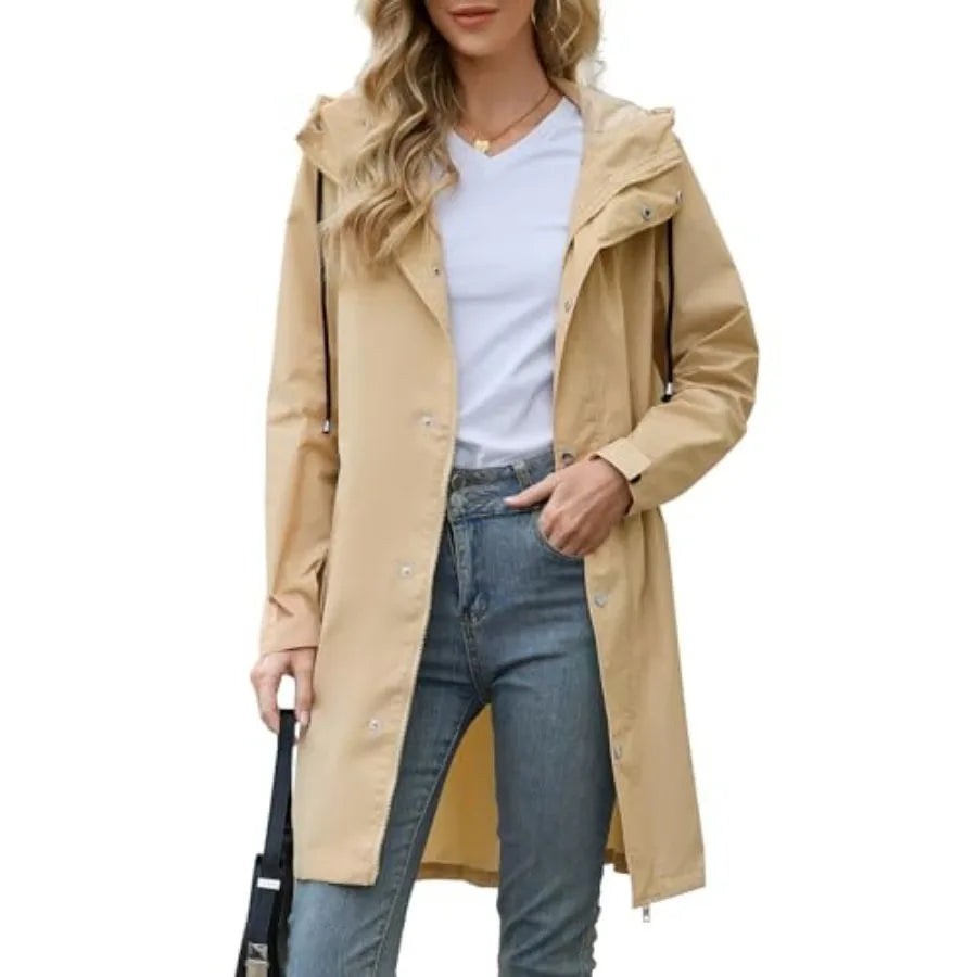 Women Packable Waterproof Rain Jacket With Attached Hood