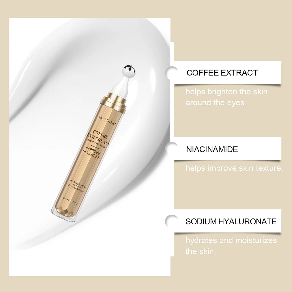 US Local JAYSUING Coffee Eye Cream 20g 360 Roller Rollerball Improve Dullness Anti Aging Anti Wrinkle Firm Skin Reduce Puffiness Daily Eye Care For Women