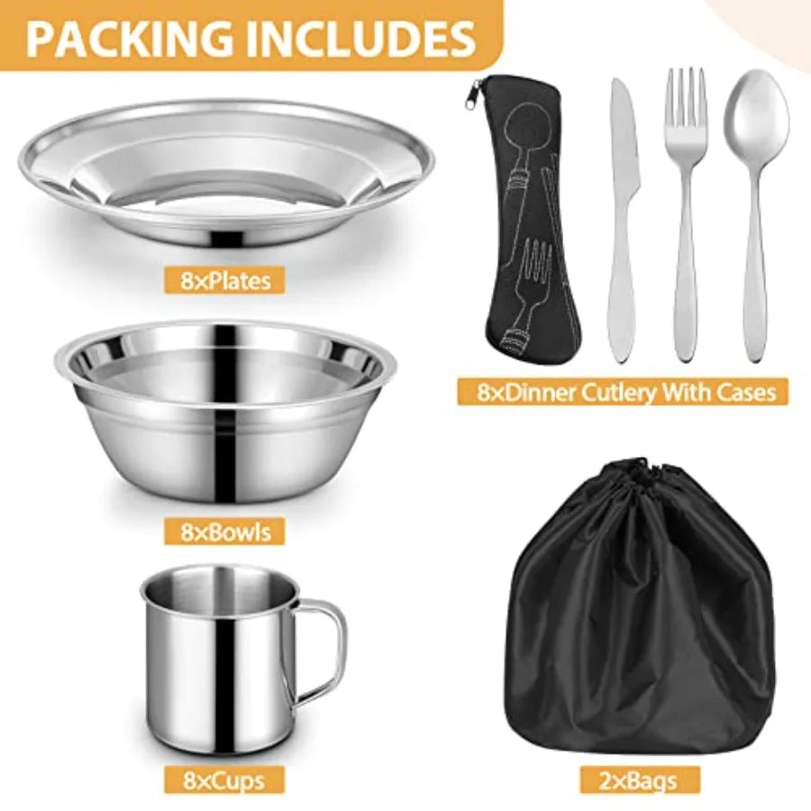 Camping plates cups bowls set for outdoor use, stainless steel, silver, durable and lightweight with spoons forks knives and st