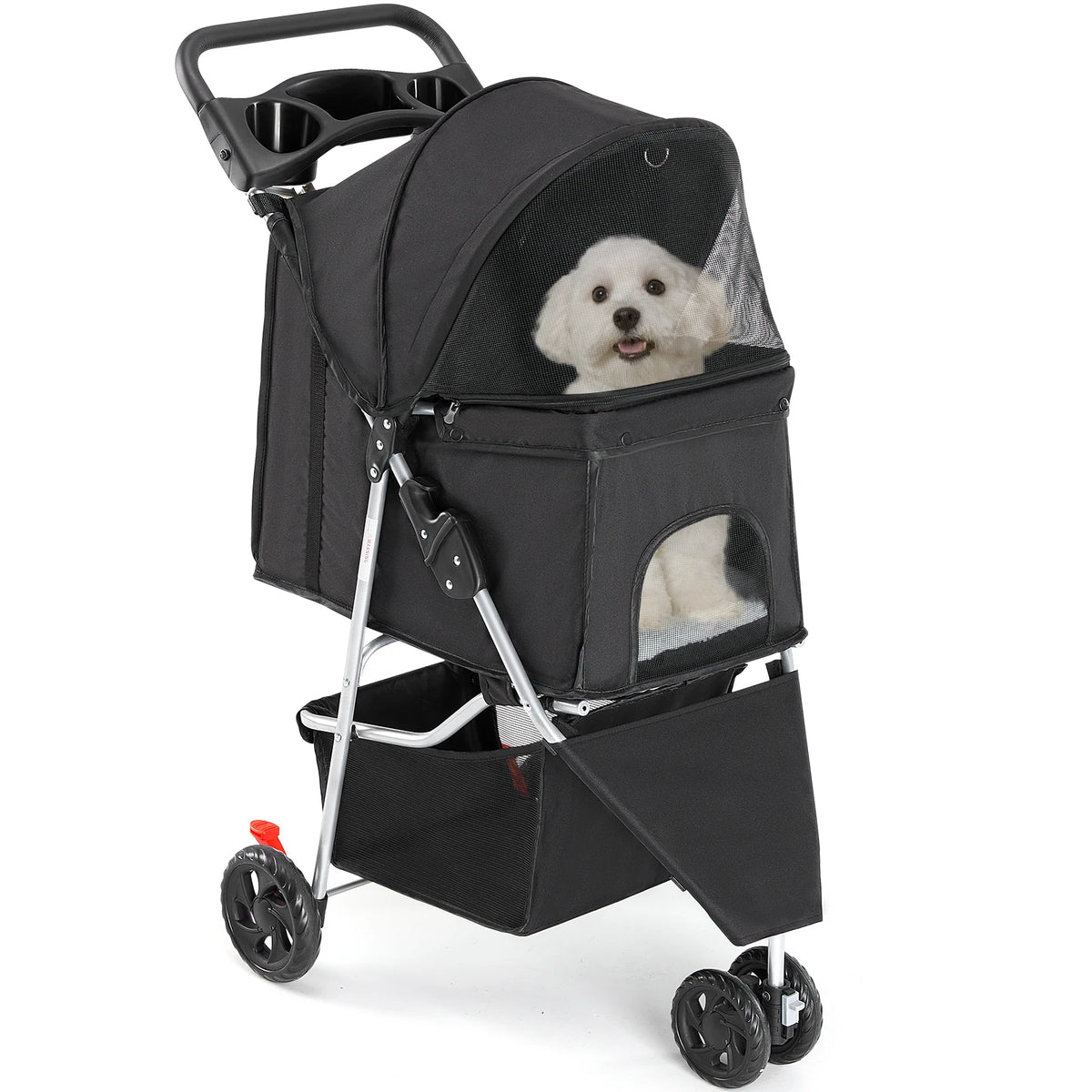 Foldable Pet Stroller For Small Dogs And Cats With Basket