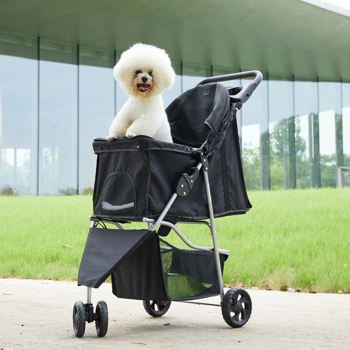 Foldable Pet Stroller For Small Dogs And Cats With Basket