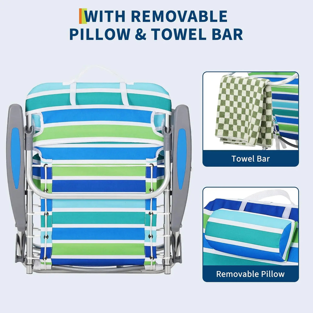 Backpack Beach Chair for Adults,Portable Lay Flat Folding Beach Chair with Adjustable Height,Phone Pocket,Cup Holder & Towel Bar