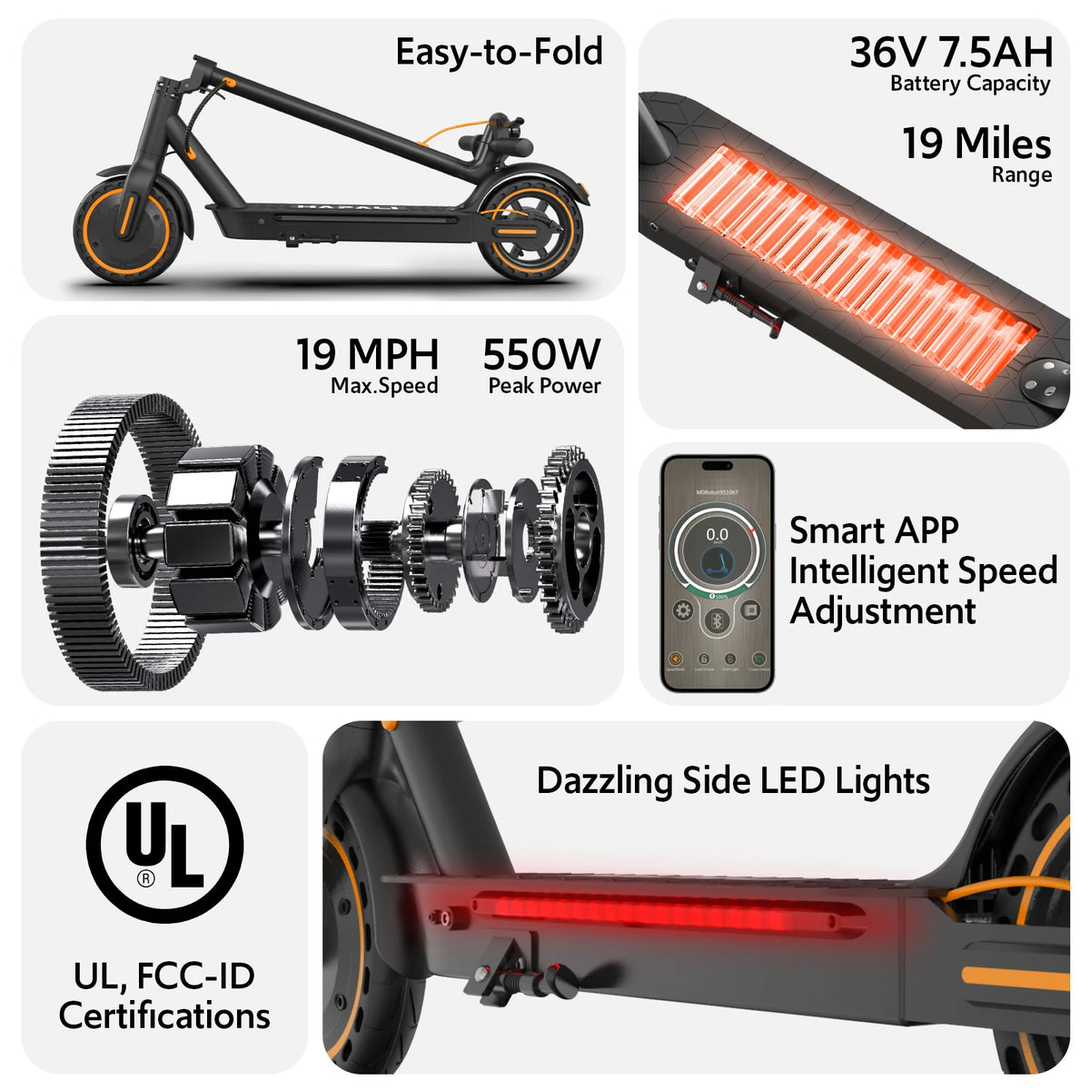Electric Scooter for Adults, 550W Peak Motor & 19-Mile Range, 360° Lighting, Foldable E-Scooter with App Control