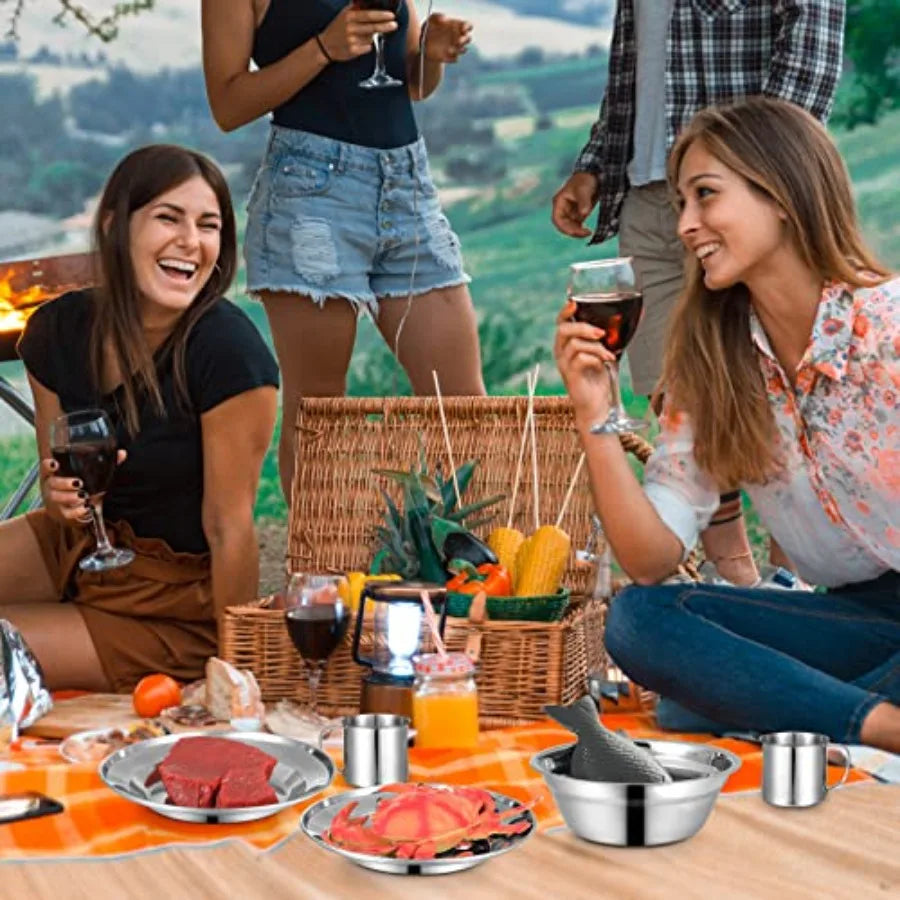 Camping plates cups bowls set for outdoor use, stainless steel, silver, durable and lightweight with spoons forks knives and st